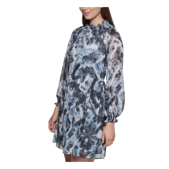 CALVIN KLEIN Womens Tie Back Elastic Waist Long Sleeve Short Fit + Flare Dress - Picture 3 of 5